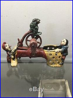 Antique Cast Iron Professor Pug Frogs Great Bicycle Feat Mechanical Bank 1875