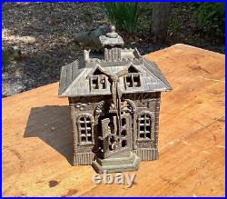 Antique Cast Iron STATE BANK Building Coin Bank w Key