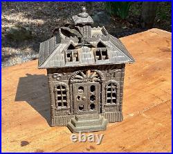 Antique Cast Iron STATE BANK Building Coin Bank w Key