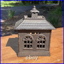 Antique Cast Iron STATE BANK Building Coin Bank w Key