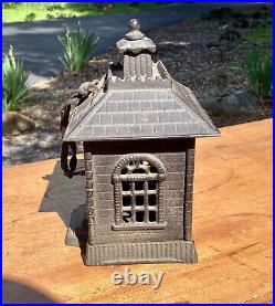 Antique Cast Iron STATE BANK Building Coin Bank w Key