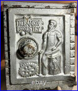 Antique Cast Iron Safe Bank With Dial & The Bank Of Industry Marked On Front