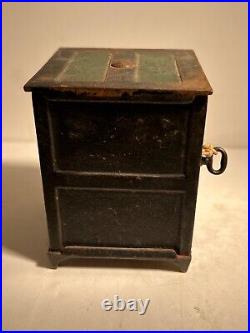 Antique Cast Iron Safe Style Coin Bank Key Operated with Hinged Door