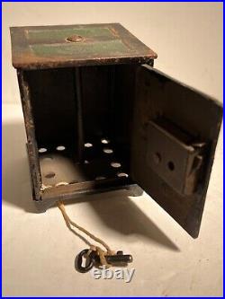Antique Cast Iron Safe Style Coin Bank Key Operated with Hinged Door