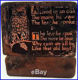 Antique Cast Iron Still Bank Owl Vindex Toys with Rare Illustr Poem Sticker 1930's