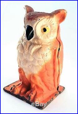 Antique Cast Iron Still Bank Owl Vindex Toys with Rare Illustr Poem Sticker 1930's