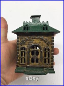 Antique Cast Iron Still Bank State Bank Painted Green And Mustard Yellow