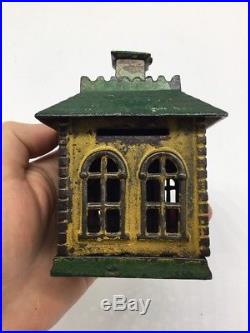 Antique Cast Iron Still Bank State Bank Painted Green And Mustard Yellow