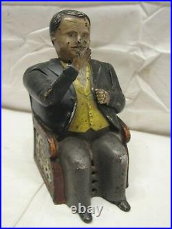 Antique Cast Iron Tammany Mechanical Bank Man in Chair 1873 Patent Dime