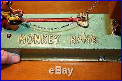 Antique Cast Iron Trick Monkey Mechanical Bank by Hubley 1920, s with Key Mint