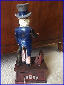 Antique Cast Iron Uncle Sam Mechanical Bank Shepard Hardware Circa 1886