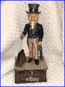 Antique Cast Iron Uncle Sam Mechanical Bank by Shepard Hardware Patent 1886