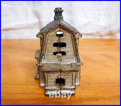 Antique Cast Iron Victorian Home Still Bank Original Silver Paint with Blue Roof
