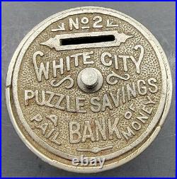 Antique Cast Iron White City Puzzle Savings Bank Pail Bucket #2 Nicol & Co. 1894