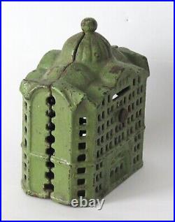 Antique Cast iron Still Building Bank 1800's, Toy Hobby Old Green Paint Folk Art
