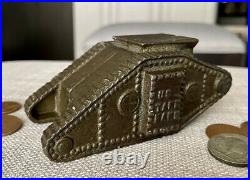 Antique Figural Cast Iron Still Penny Bank Hasenplug WWI US Tank Bank, c. 1919