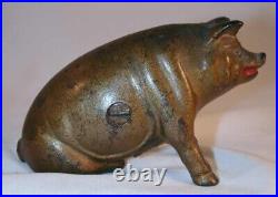 Antique Gold Colored Cast Iron Still Penny Bank AC Williams Seated Pig or Hog