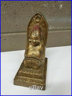 Antique Goodluck Billiken Buddha Cast Iron Piggy Coin Bank Pat # 39769 6.5 Tall