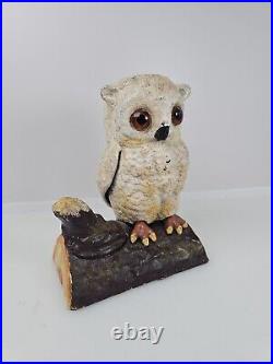 Antique Heavy Cast Iron Baby Owl On Log Coin Bank Statue Figure With Glass Eyes