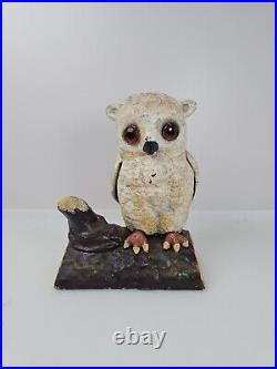 Antique Heavy Cast Iron Baby Owl On Log Coin Bank Statue Figure With Glass Eyes