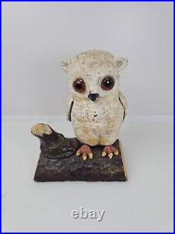 Antique Heavy Cast Iron Baby Owl On Log Coin Bank Statue Figure With Glass Eyes