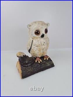 Antique Heavy Cast Iron Baby Owl On Log Coin Bank Statue Figure With Glass Eyes