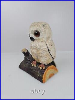 Antique Heavy Cast Iron Baby Owl On Log Coin Bank Statue Figure With Glass Eyes