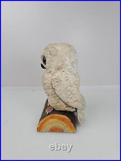 Antique Heavy Cast Iron Baby Owl On Log Coin Bank Statue Figure With Glass Eyes