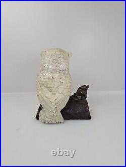 Antique Heavy Cast Iron Baby Owl On Log Coin Bank Statue Figure With Glass Eyes