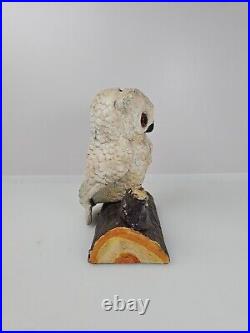 Antique Heavy Cast Iron Baby Owl On Log Coin Bank Statue Figure With Glass Eyes