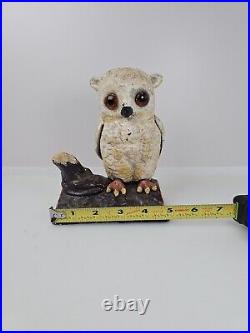 Antique Heavy Cast Iron Baby Owl On Log Coin Bank Statue Figure With Glass Eyes