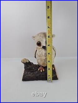 Antique Heavy Cast Iron Baby Owl On Log Coin Bank Statue Figure With Glass Eyes