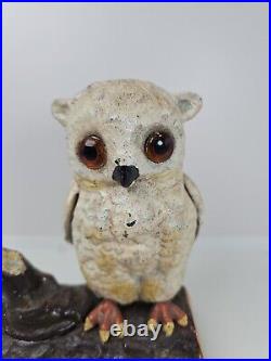 Antique Heavy Cast Iron Baby Owl On Log Coin Bank Statue Figure With Glass Eyes