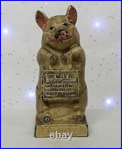 Antique Hubley Cast Iron Bank The Wise Pig Piggy Bank. Fabulous Original Patina