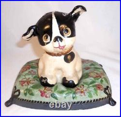 Antique Hubley Cast Iron Large and Heavy Painted Still Penny Bank Fido on Pillow