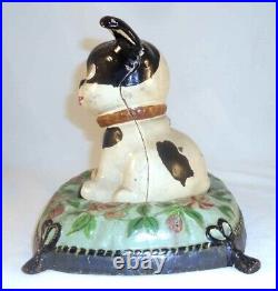 Antique Hubley Cast Iron Large and Heavy Painted Still Penny Bank Fido on Pillow