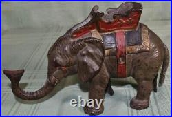 Antique Hubley Cast Iron Mechanical Elephant Bank withHowdah Saddle-Original Paint