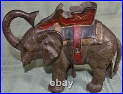 Antique Hubley Cast Iron Mechanical Elephant Bank withHowdah Saddle-Original Paint