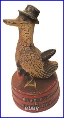 Antique Hubley Depression Era Duck Signed Save for A Rainy Day Cast Iron Bank Antique Hubley Depression Era Duck Signed Save for A Rainy Day Cast Iron Bank