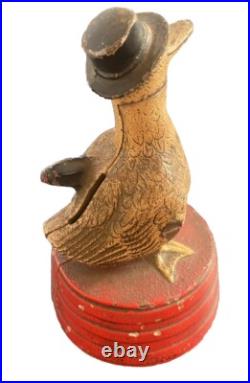 Antique Hubley Depression Era Duck Signed Save for A Rainy Day Cast Iron Bank Antique Hubley Depression Era Duck Signed Save for A Rainy Day Cast Iron Bank