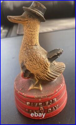 Antique Hubley Depression Era Duck Signed Save for A Rainy Day Cast Iron Bank Antique Hubley Depression Era Duck Signed Save for A Rainy Day Cast Iron Bank