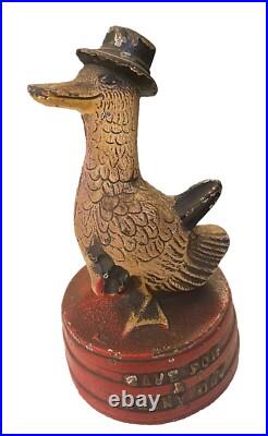 Antique Hubley Depression Era Duck Signed Save for A Rainy Day Cast Iron Bank Antique Hubley Depression Era Duck Signed Save for A Rainy Day Cast Iron Bank