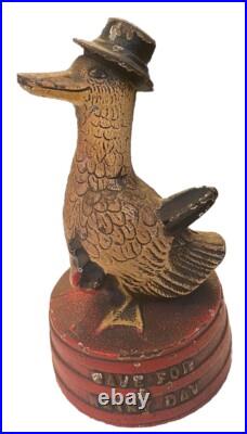 Antique Hubley Depression Era Duck Signed Save for A Rainy Day Cast Iron Bank Antique Hubley Depression Era Duck Signed Save for A Rainy Day Cast Iron Bank