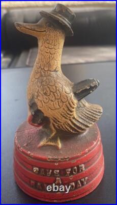 Antique Hubley Depression Era Duck Signed Save for A Rainy Day Cast Iron Bank Antique Hubley Depression Era Duck Signed Save for A Rainy Day Cast Iron Bank