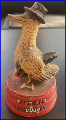 Antique Hubley Depression Era Duck Signed Save for A Rainy Day Cast Iron Bank Antique Hubley Depression Era Duck Signed Save for A Rainy Day Cast Iron Bank