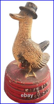 Antique Hubley Depression Era Duck Signed Save for A Rainy Day Cast Iron Bank Antique Hubley Depression Era Duck Signed Save for A Rainy Day Cast Iron Bank