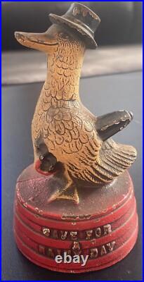 Antique Hubley Depression Era Duck Signed Save for A Rainy Day Cast Iron Bank Antique Hubley Depression Era Duck Signed Save for A Rainy Day Cast Iron Bank