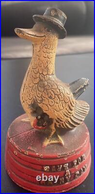 Antique Hubley Depression Era Duck Signed Save for A Rainy Day Cast Iron Bank Antique Hubley Depression Era Duck Signed Save for A Rainy Day Cast Iron Bank