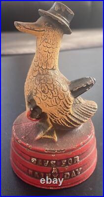 Antique Hubley Depression Era Duck Signed Save for A Rainy Day Cast Iron Bank Antique Hubley Depression Era Duck Signed Save for A Rainy Day Cast Iron Bank