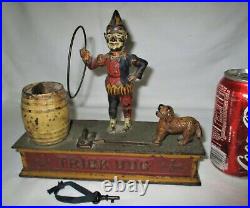 Antique Hubley Toy Us Clown USA Mechanical Cast Iron Trick Dog Bank Lock Key Keg